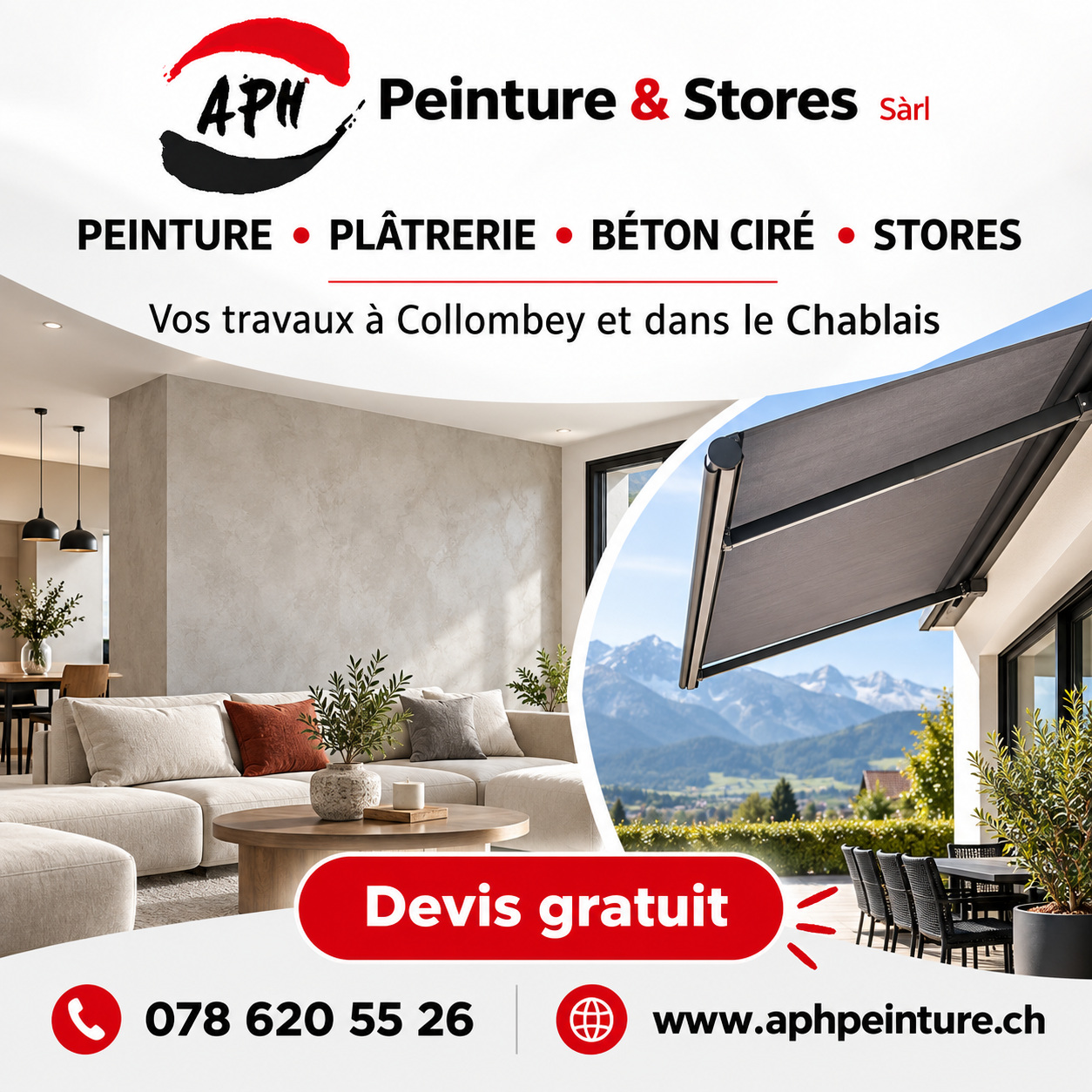 APH Peinture et Stores : peinture, plâtrerie, béton ciré et stores à Collombey et dans le Chablais